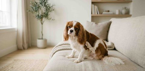 Cavalier King Charles Spaniel scratching behind ear on a linen couch — Pip Eats
