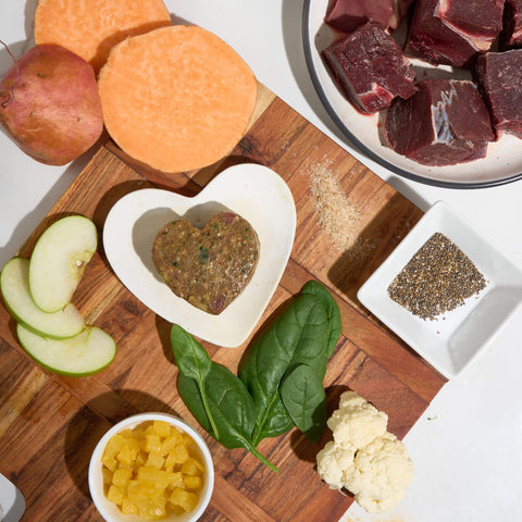 Excellent Emu dog food ingredients — emu, kumara, cauliflower and spinach — Pip Eats