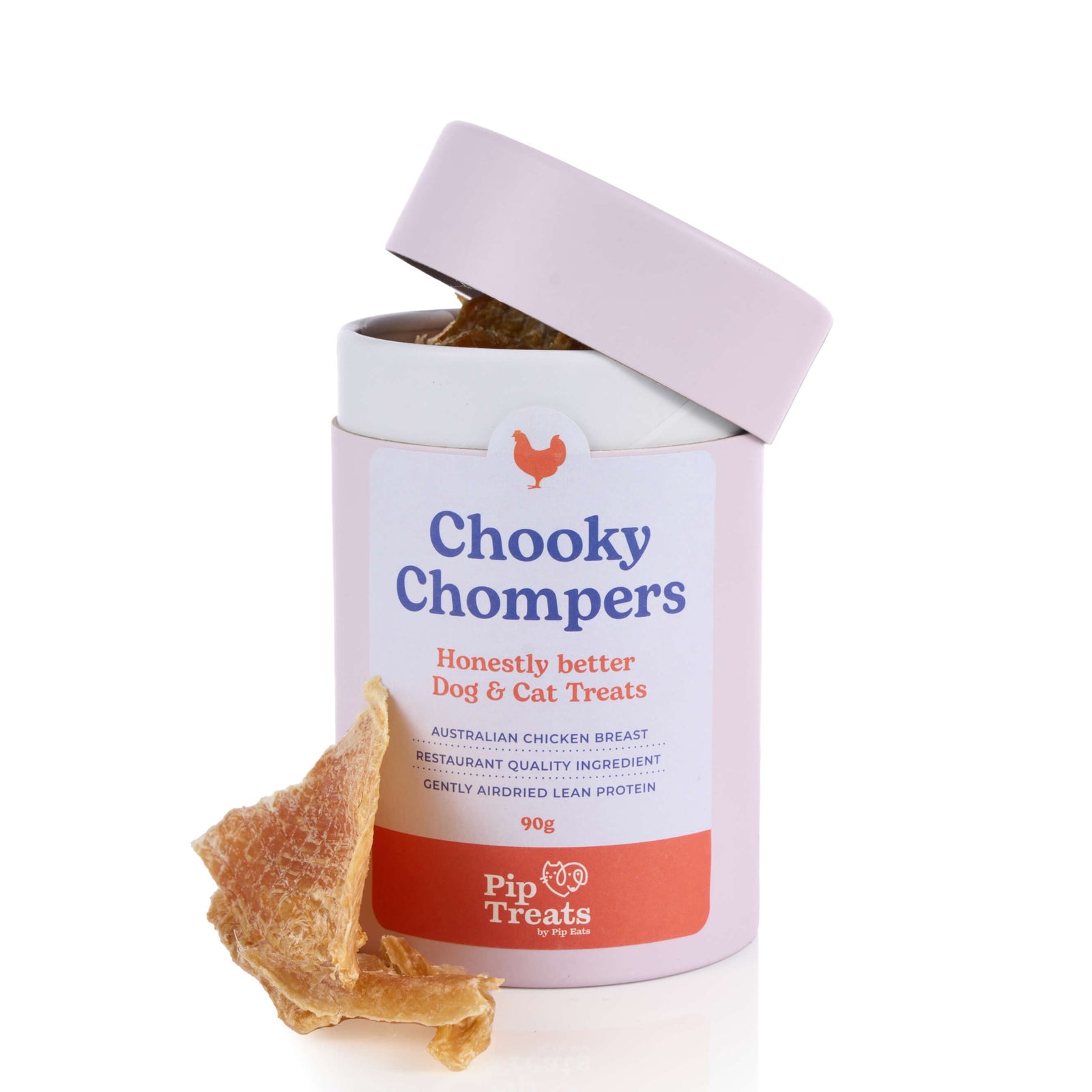 Chooky Chompers open canister with air-dried chicken treats — Pip Eats
