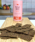 Bonza Beefy Bites canister and air-dried beef treats in a kitchen — Pip Eats