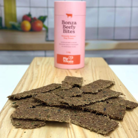 Bonza Beefy Bites canister and air-dried beef treats in a kitchen — Pip Eats