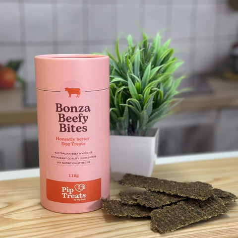 Bonza Beefy Bites air-dried treats on a timber board — Pip Eats