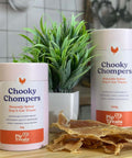 Chooky Chompers 90g and 160g canisters with air-dried chicken breast treats — Pip Eats