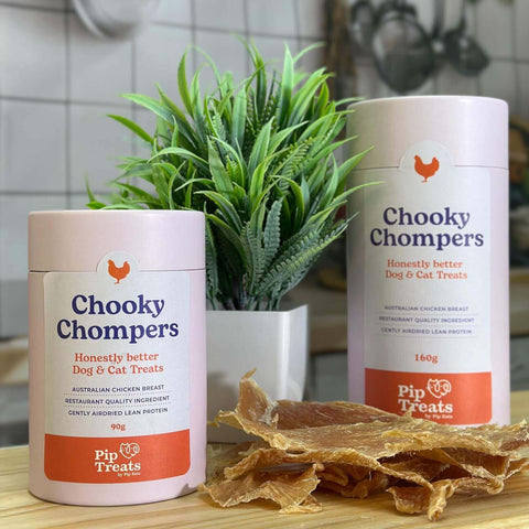 Chooky Chompers 90g and 160g canisters with air-dried chicken breast treats — Pip Eats