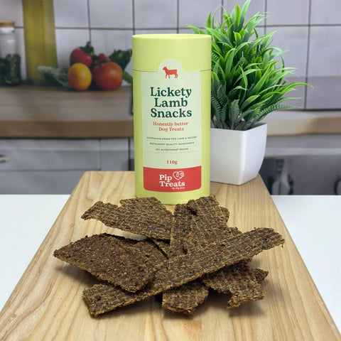 Lickety Lamb Snacks air-dried treats on a timber board — Pip Eats
