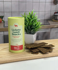 Lickety Lamb Snacks canister and air-dried lamb treats in a kitchen — Pip Eats