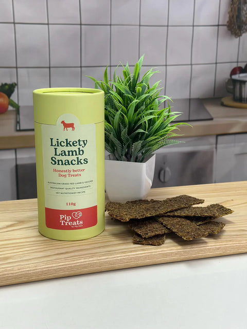 Lickety Lamb Snacks canister and air-dried lamb treats in a kitchen — Pip Eats