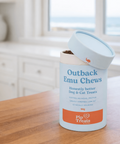 Outback Emu Chews by Pip Treats on a coastal kitchen bench overlooking the ocean — Pip Eats