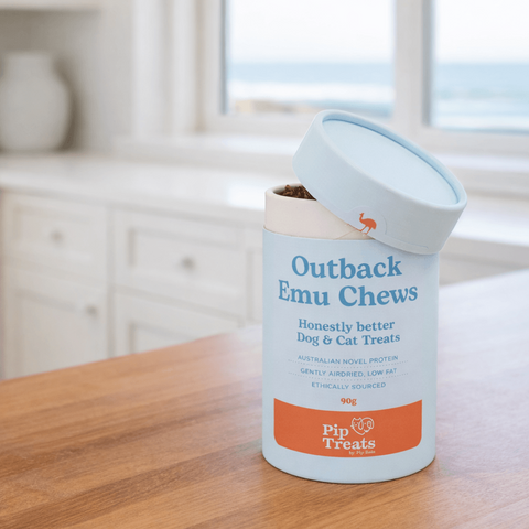 Outback Emu Chews by Pip Treats on a coastal kitchen bench overlooking the ocean — Pip Eats