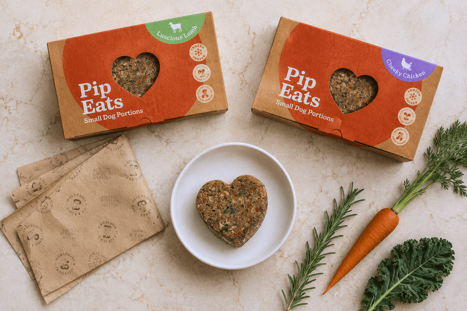 Pip Eats Luscious Lamb and Cheeky Chicken fresh frozen dog food boxes with home-compostable packaging, a heart-shaped patty in a bowl, and fresh vegetables
